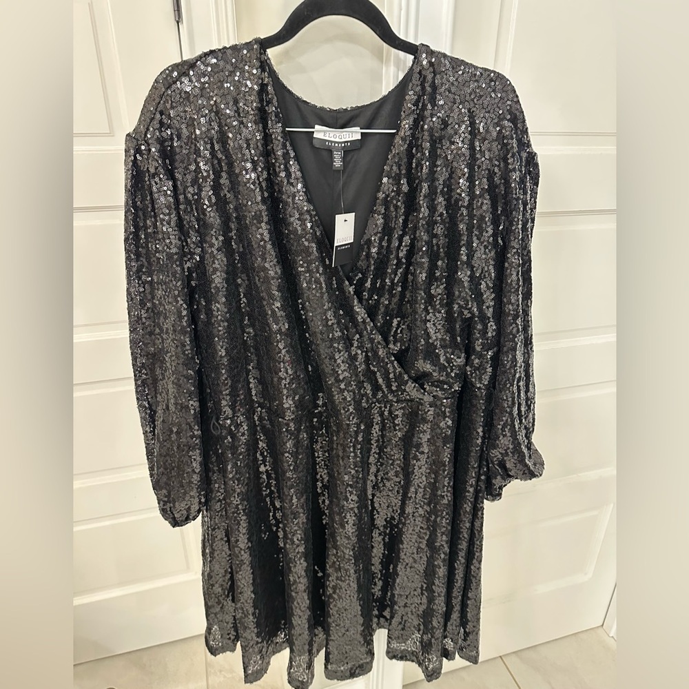 NEW Eloquii Black Sequin Faux Wrap Dress Sz 22/24 Holiday Formal NYE Party Plus